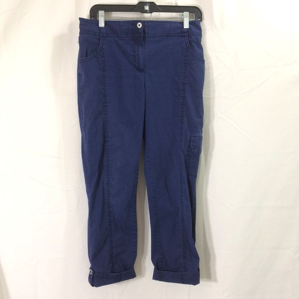 Chico's Navy Cuffed Cargo Pants Cropped Lightweight Stretch Cotton Pockets 6